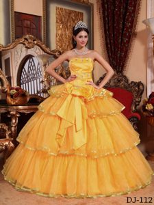 Gold Strapless Sweet Sixteen Dress with Layers and Big Bowknot on Promotion