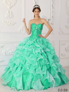 Ruffled Apple Green Quinceanera Dresses with Heart Shaped Neckline in Organza