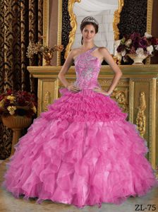 Hot Pink One Shoulder Quinceanera Gowns with Ruffled Layers and Beadings