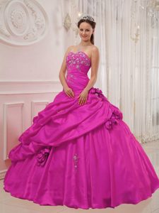 Hot Pink Sweetheart Quince Gown in Taffeta with Beads and Handmade Flowers