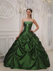 Strapless Beading Taffeta Quinceanera Gown Dress with Pick-ups in Olive Green