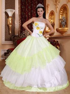 Sweet Yellow Green and White Quinceanera Dresses with Embroidery and Layers