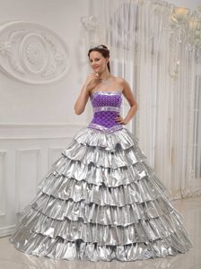 Princess Strapless Quinceanera Gown with Ruffled Layers in Purple and White