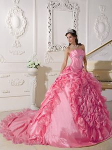 Ruffled and Beaded Hot Pink Dresses for Quince with Pick-ups and Chapel Train