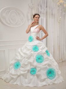 White One Shoulder Quince Gown with Aqua Blue Handmade Flowers and Beads