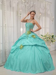 Beading Aqua Blu and Green Quinceanera Gown Dresses with Handmade Flowers