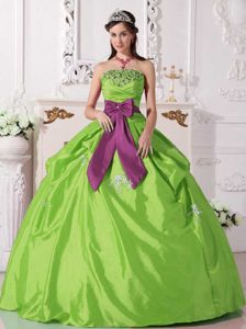 Green Taffeta Sweet 16 Quince Dresses with Rhinestones and Fuchsia Bowknot