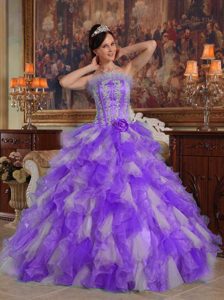 Strapless Purple and White Dress for Quinceanera with Ruffles and Embroidery