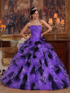 Ruffled Organza Sweet Sixteen Dress with Beads and Ruches in Purple and Black