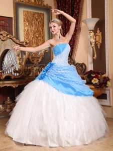 Strapless Beading Quince Gown with Handmade Flowers in Aqua blue and White