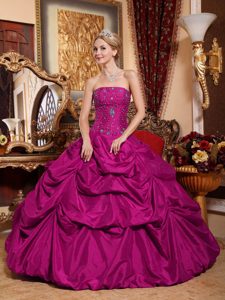 Glitz Strapless Taffeta Dress for Quinceanera in Fuchsia with Beads and Pick-ups