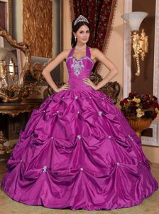 Fuchsia Halter Top Quinceanera Dress with Pick-ups and Embroidery in Taffeta