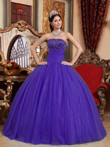 Cheap Strapless Dress for Quince with Beading and Embroidery in Purple on Sale