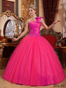 One Shoulder Floor-length Quinceanera Gown with Ruches and Beads in Hot Pink