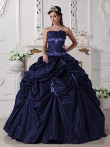 Clearance Appliqued Taffeta Dress for Quinceanera with Pick-ups in Navy Blue