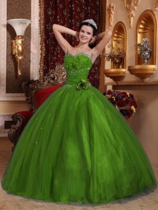 Ruffled and Beaded Quinceanera Dresses with Handmade Flower in Olive Green