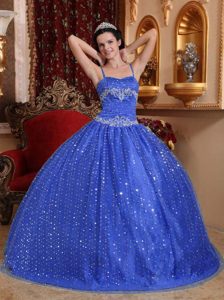 2013 Blue Beading Ball Gown Dress for Quinceanera with Embroidery and Straps