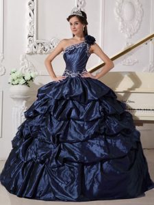 Pretty Navy Blue Single Shoulder Sweet Sixteen Dresses with Pick-ups in Taffeta