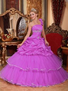 One Shoulder Dress for Quinceanera with Embroidery and Pick-ups in Fuchsia
