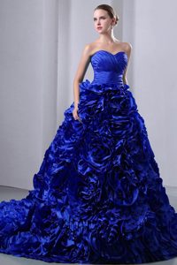 Royal Blue Princess Dresses for Quinceanera with Ruches and Rolling Flowers
