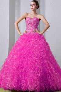 Ruffled and Beaded Organza Quinceanera Dresses with Sweetheart in Hot Pink
