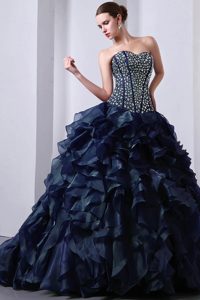 Dark Blue Ruffled Sweet Sixteen Quinceanera Dresses with Beadings in Organza