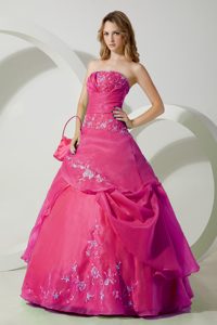 Clearance Hot Pink Strapless Quinceaneras Dress with Embroidery and Ruches