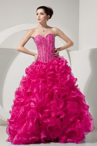 Ruffled and Beaded Sweet 16 Dresses in Hot Pink with Heart Shaped Neckline