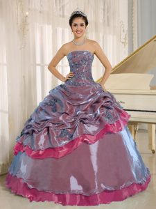 Multi-colored Appliqued Strapless Dress for Quince with Pick-ups and Beadings