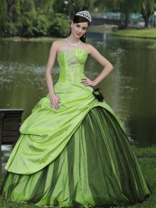Beaded Spring Green Dress for Quinceanera with Appliques in Taffeta and Tulle