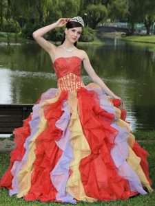Sweet 2013 Appliqued Quinceanera Dress with Ruffles and Ruches in Multi-color