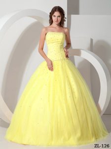 Pretty Yellow Strapless Tulle Beaded Quinceanera Dress on Wholesale Price