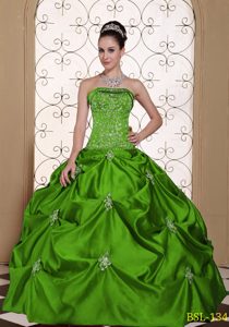 Green Taffeta Strapless Quinceanera Dresses with Pick-ups and Embroidery