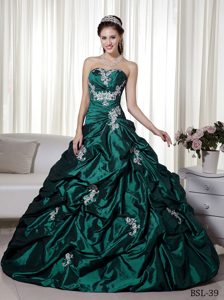 Strapless Taffeta Quinceanera Dress with Appliques and Pick-ups for Cheap