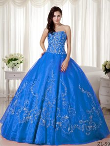 Hot Blue Sweetheart Organza Beaded Quinceanera Dress with Embroidery