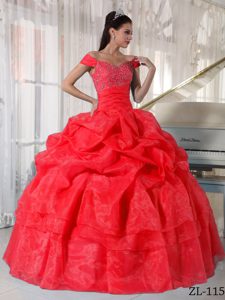 Red off the Shoulder Taffeta and Organza Beaded Quinceanera Dress on Sale