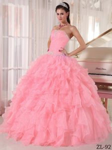 2013 Beautiful Pink Organza Beaded Quinceanera Dress with Ruffled Layers