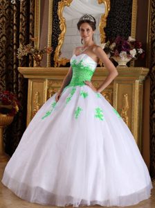 White and Spring Green Sweetheart Quinceanera Dress with Appliques on Sale