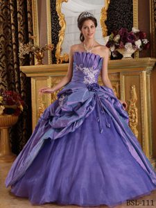 Pretty Purple Strapless Taffeta Quinceanera Dress with Appliques and Ruching