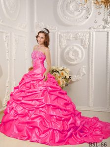 Hot Pink Strapless Beaded Quinceanera Dress with Court Train and Pick-ups