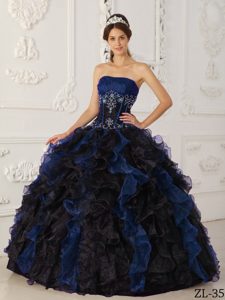 New Blue and Black Strapless Taffeta and Organza Beaded Quinceanera Dress