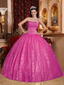 Hot Pink Sweetheart Beaded Quinceanera Dress with Sequins for Custom Made