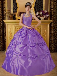 Appliqued Halter Taffeta Low Price Quinceanera Dress in Lavender