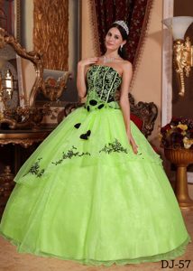 Strapless Yellow Green Organza Quince Dresses with Embroidery