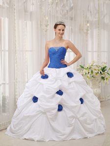 Nice Strapless Taffeta Dress for Quinceanera in Blue and White