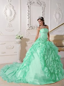 Beaded Taffeta Quince Gown with Chapel Train in Apple Green