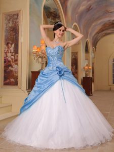 Inexpensive Aqua Blue and White Quinces Dresses with Beading