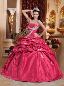 Coral Red Strapless Taffeta Discount Dress for Quince with Appliques