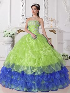 Affordable Colorful Ball Gown Appliqued Quince Dress with Strapless