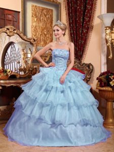 Light Blue Ball Gown Strapless Quinceanera Gown Dress with Ruffles
